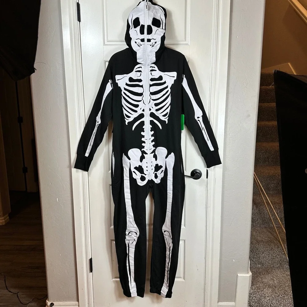 Tipsy Elves Skeleton Costume Jumpsuit Full Zip Hooded Black Adult Size S - Picture 1 of 9